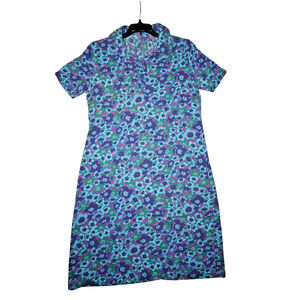 Vintage 90s Floral Polo Collar Mini Dress | Bright Blue Purple Green Print |M